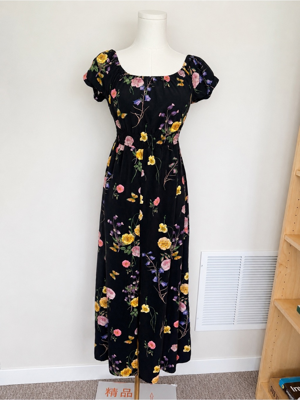 One Clothing Los Angeles Floral Midi Dress Small Black Cottagecore Puff Sleeve S